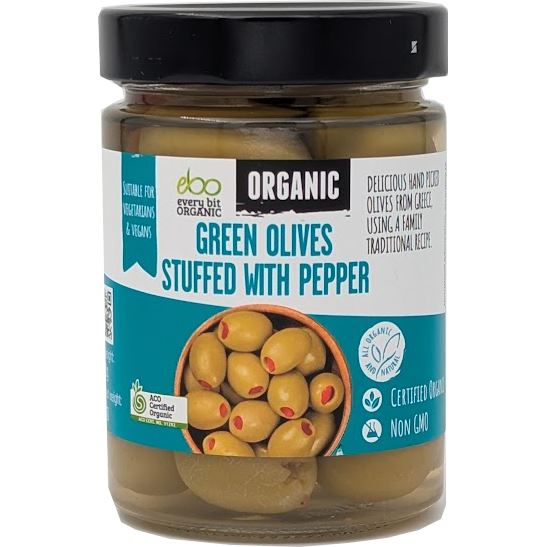 Mixed Whole Olives - Every Bit Organic Green Olives stuffed with Pepper 295gm
